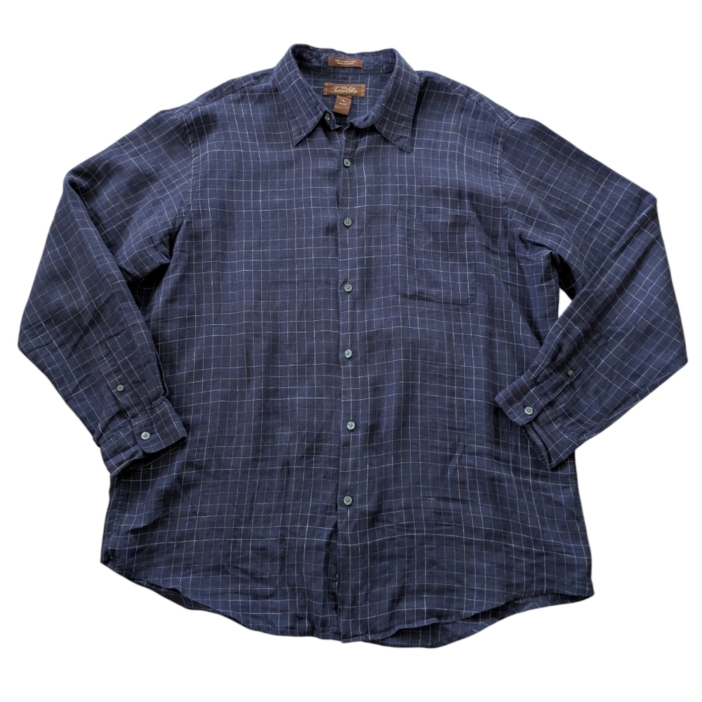 TASSO ELBA Blue Plaid LINEN MENS‎ SHIRT SIZE XL